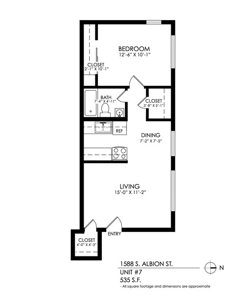 A floor plan for a 535 square foot apartment.